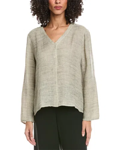 Eileen Fisher V-neck Linen-blend Shirt In Green