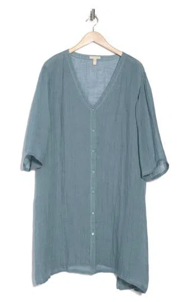 Eileen Fisher V-neck Linen Longline Shirt In Blue