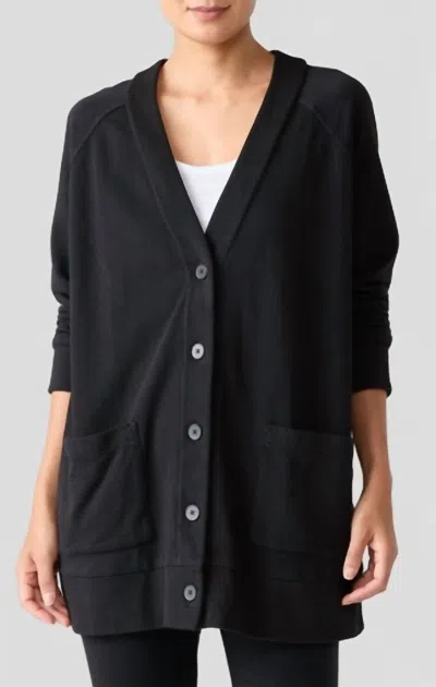 Eileen Fisher V-neck Long Jacket With Long Sleeves In Washed Black