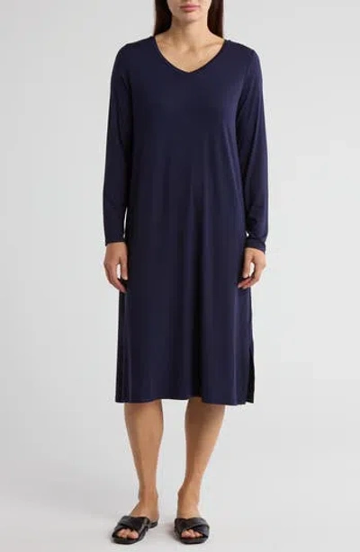 Eileen Fisher V-neck Long Sleeve Jersey Midi Dress In Midnight
