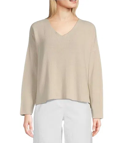 Eileen Fisher V-neck Long Sleeve Pullover In Bone In Beige