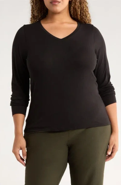 Eileen Fisher V-neck Long Sleeve T-shirt In Black