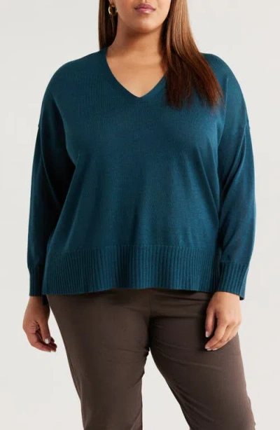 Eileen Fisher V-neck Merino Wool Sweater In Blue