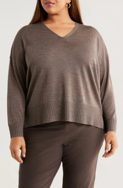 Eileen Fisher V-neck Merino Wool Sweater In Brown