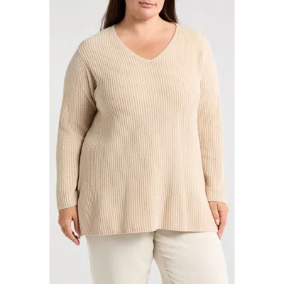 Eileen Fisher V-neck Organic Cotton Chenille Sweater In Almond