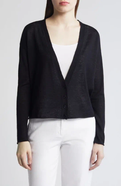 Eileen Fisher V-neck Organic Linen & Organic Cotton Cardigan In Black