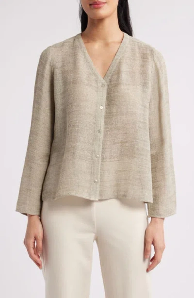 EILEEN FISHER EILEEN FISHER V-NECK ORGANIC LINEN BLEND BUTTON-UP TOP