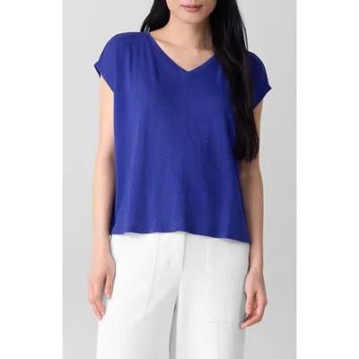 Eileen Fisher V-neck Organic Linen T-shirt In Blue