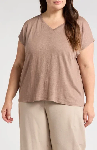 Eileen Fisher V-neck Organic Linen T-shirt In Cocoa