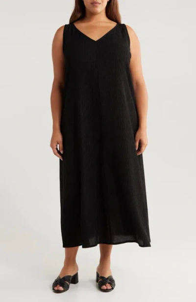 Eileen Fisher Plus V-neck Silk-blend Midi Dress In Black