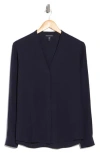 Eileen Fisher V-neck Silk Button-up Shirt In Blue