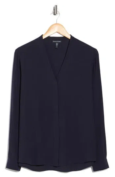 Eileen Fisher V-neck Silk Button-up Shirt In Blue