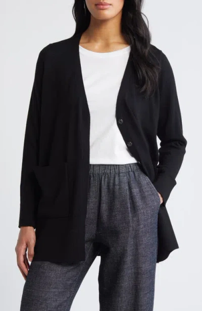 Eileen Fisher V-neck Snap Front Wool Cardigan In Black