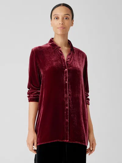 Eileen Fisher Velvet Classic Collar Long Shirt In Burgundy