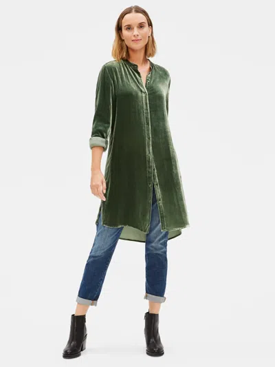 Eileen Fisher Velvet Mandarin Collar Long Shirt In Green