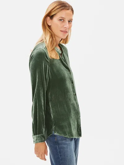 Eileen Fisher Velvet Mandarin Collar Shirt In Green