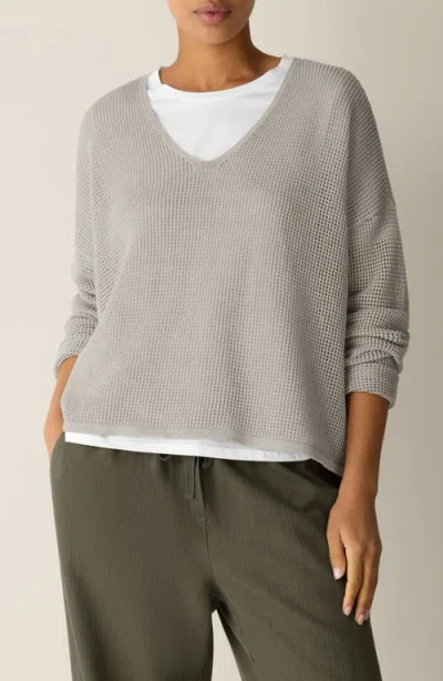 Eileen Fisher V-neck Open Knit Sweater In Gray