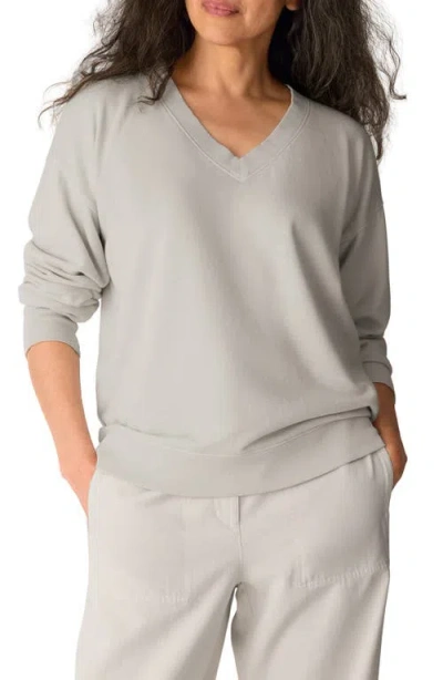 Eileen Fisher Long Sleeve V Neck Cotton Sweatshirt In Gray