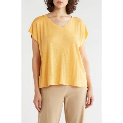 Eileen Fisher V-neck Organic Linen T-shirt In Yellow