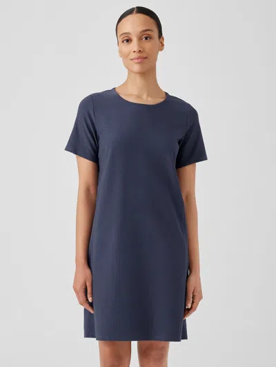 Eileen Fisher Washable Stretch Crepe Jewel Neck Dress In Blue