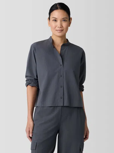 Eileen Fisher Washed Organic Cotton Poplin Band Collar Short Shirt In Black