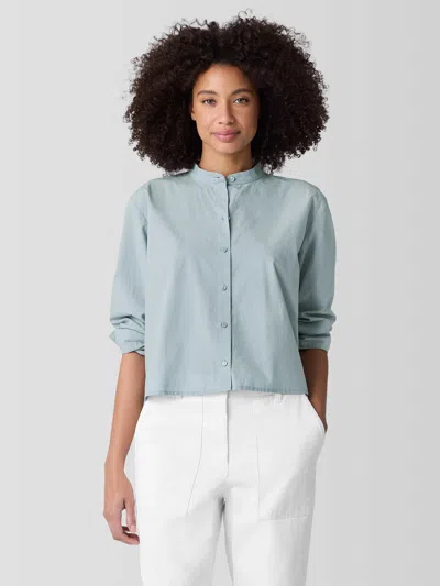 Eileen Fisher Washed Organic Cotton Poplin Band Collar Short Shirt In Blue