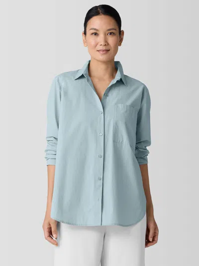 Eileen Fisher Washed Organic Cotton Poplin Classic Collar Long Shirt In Blue