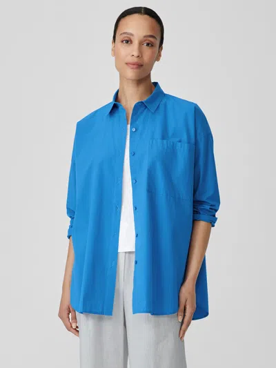 Eileen Fisher Washed Organic Cotton Poplin Classic Collar Long Shirt In Blue