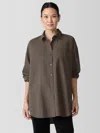 Eileen Fisher Washed Organic Cotton Poplin Classic Collar Long Shirt In Brown