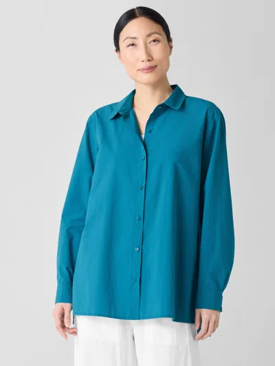 Eileen Fisher Washed Organic Cotton Poplin Classic Collar Shirt In Blue
