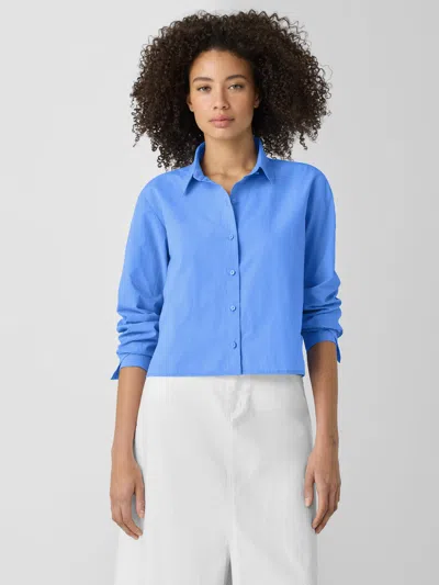Eileen Fisher Washed Organic Cotton Poplin Classic Collar Short Shirt In Blue