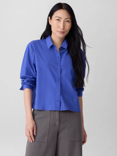 Eileen Fisher Washed Organic Cotton Poplin Classic Collar Short Shirt In Blue