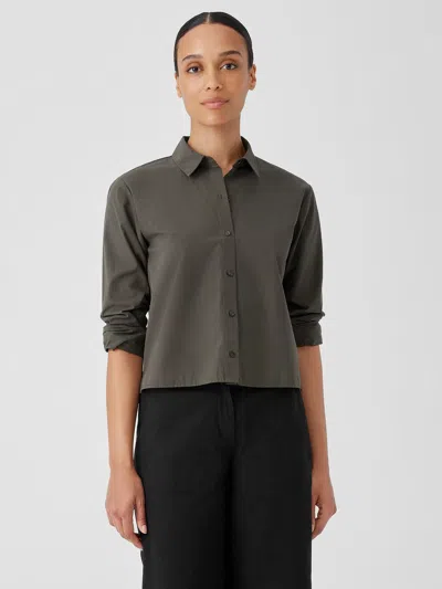 Eileen Fisher Washed Organic Cotton Poplin Classic Collar Short Shirt In Green