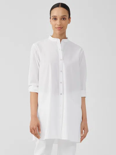 Eileen Fisher Washed Organic Cotton Poplin Mandarin Collar Long Shirt In White