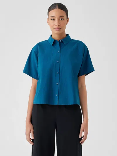 Eileen Fisher Washed Organic Cotton Poplin Short-sleeve Shirt In Blue