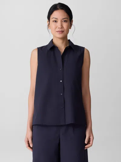 Eileen Fisher Washed Organic Cotton Poplin Sleeveless Shirt In Blue