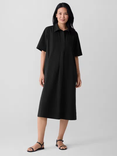 Eileen Fisher Washed Organic Cotton Poplin Split Neck Dress In Black