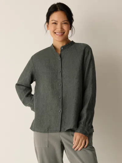 Eileen Fisher Washed Organic Linen Delave Band Collar Shirt In Gray