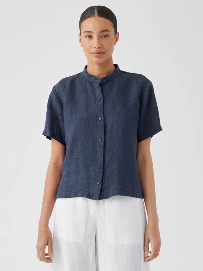 Eileen Fisher Washed Organic Linen Delave Band Collar Shirt In Blue