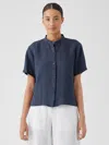 Eileen Fisher Washed Organic Linen Delave Band Collar Shirt In Blue