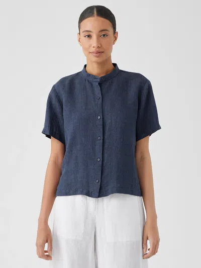 Eileen Fisher Washed Organic Linen Delave Band Collar Shirt In Blue