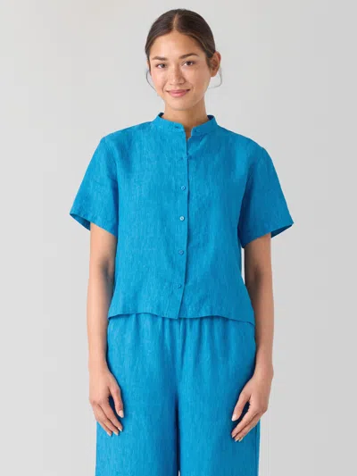 Eileen Fisher Washed Organic Linen Delave Band Collar Shirt In Blue