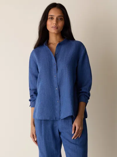 Eileen Fisher Washed Organic Linen Delave Band Collar Shirt In Deep Dive