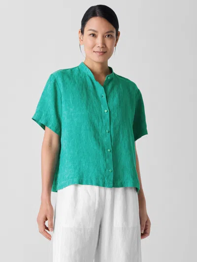 Eileen Fisher Washed Organic Linen Delave Band Collar Shirt In Green