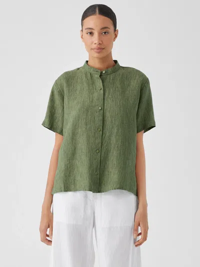 Eileen Fisher Washed Organic Linen Delave Band Collar Shirt In Green