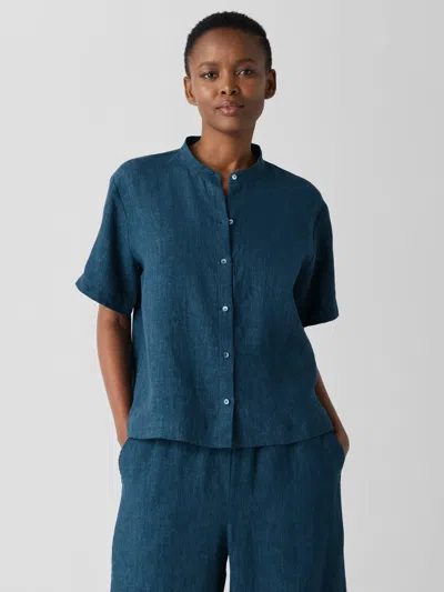 Eileen Fisher Washed Organic Linen Delave Band Collar Shirt In Blue