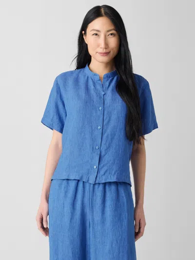 Eileen Fisher Washed Organic Linen Delave Band Collar Shirt In Blue