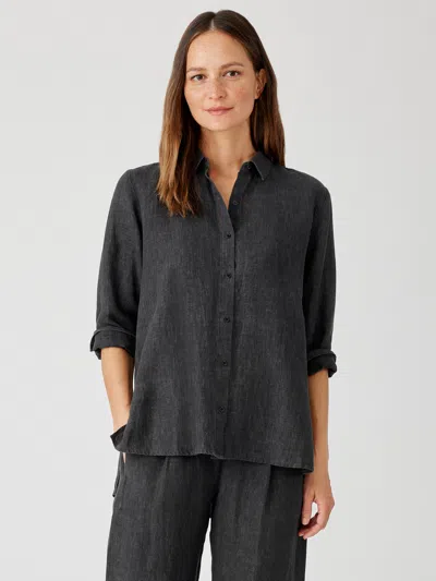 Eileen Fisher Washed Organic Linen Delave Classic Collar Shirt In Gray