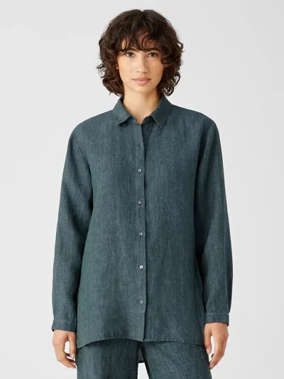 Eileen Fisher Washed Organic Linen Delave Classic Collar Shirt In Green