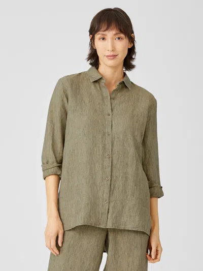 Eileen Fisher Washed Organic Linen Delave Classic Collar Shirt In Green